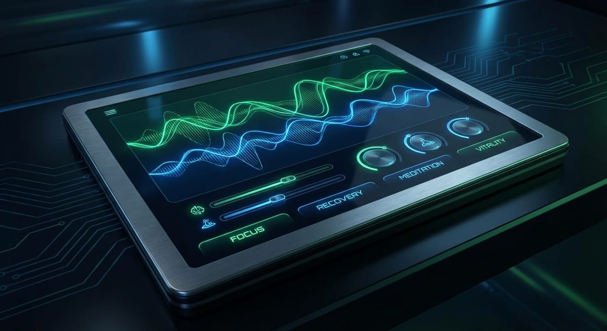 Advanced frequency program control panel with Focus, Recovery, Meditation, and Vitality modes