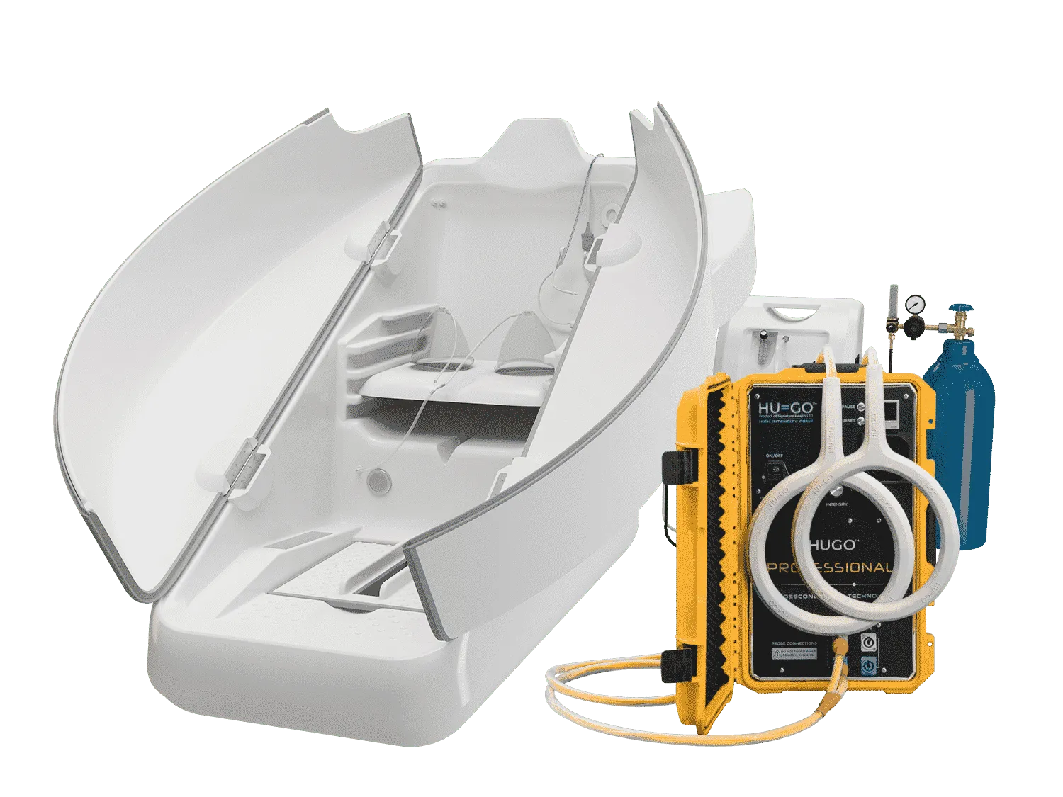 Complete HOCATT wellness system setup with ozone sauna pod, PEMF device, and oxygen tank at Flourishment