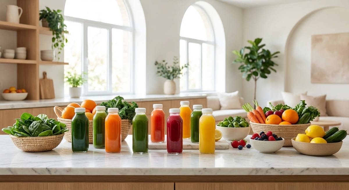 Colorful cold-pressed wellness juices at the Flourishment juice bar