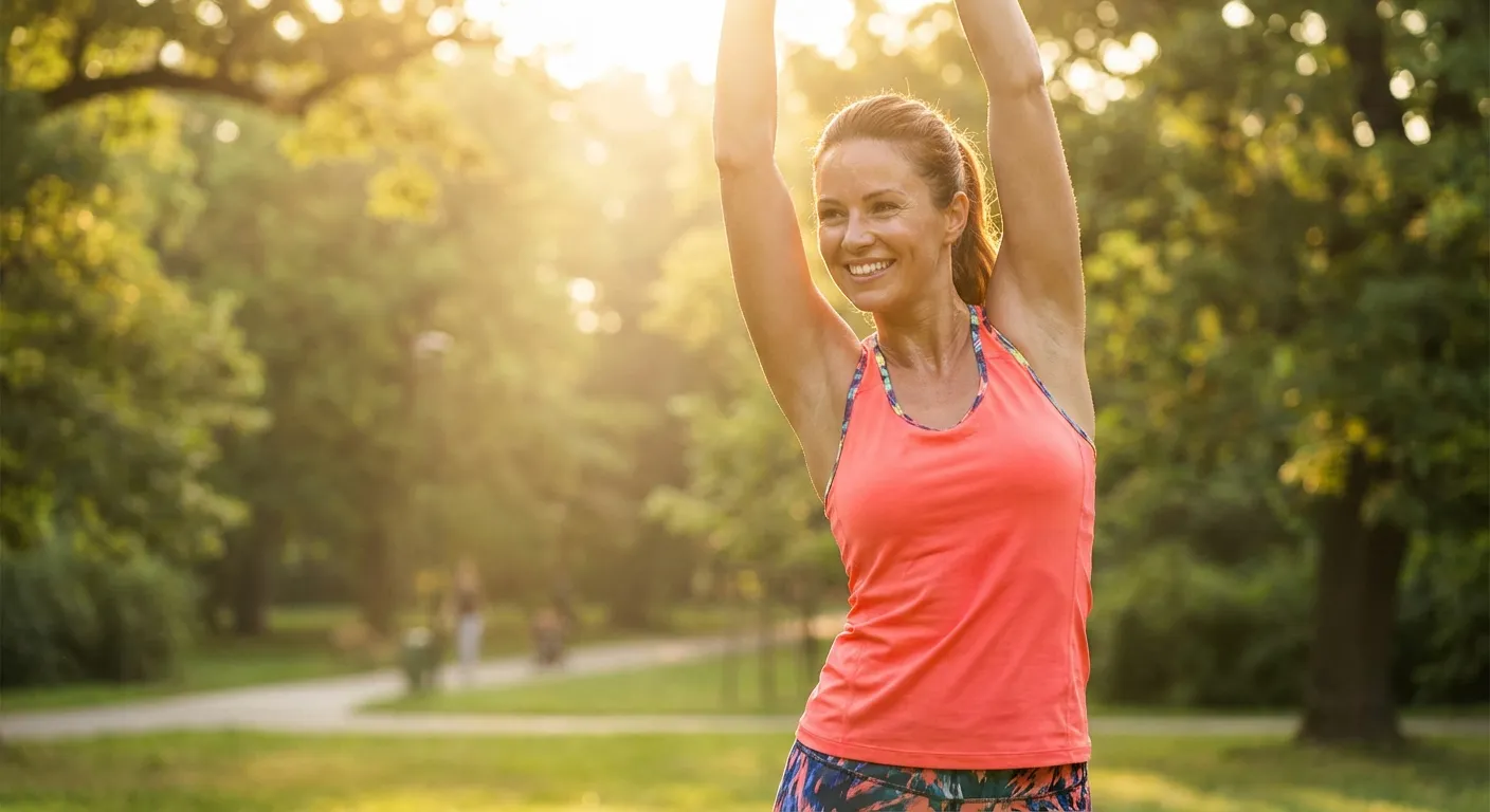 Energetic woman stretching outdoors in sunlight — the Flourishment wellness lifestyle